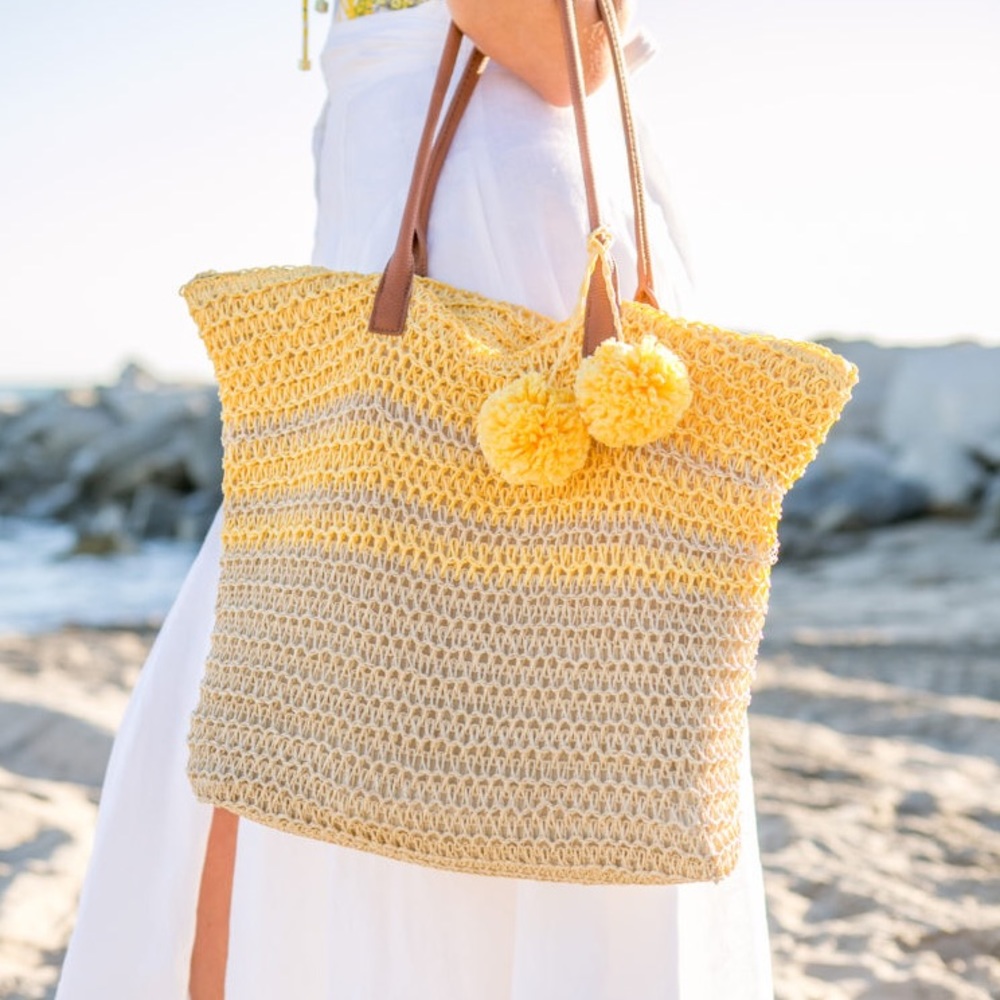 Black Straw Tote + PomPoms - Picture 4 of 5